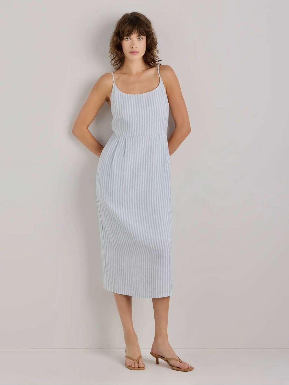 Quince 100% European Linen Scoop Neck Midi Dress Blue Mariner Pinstripe Medium
